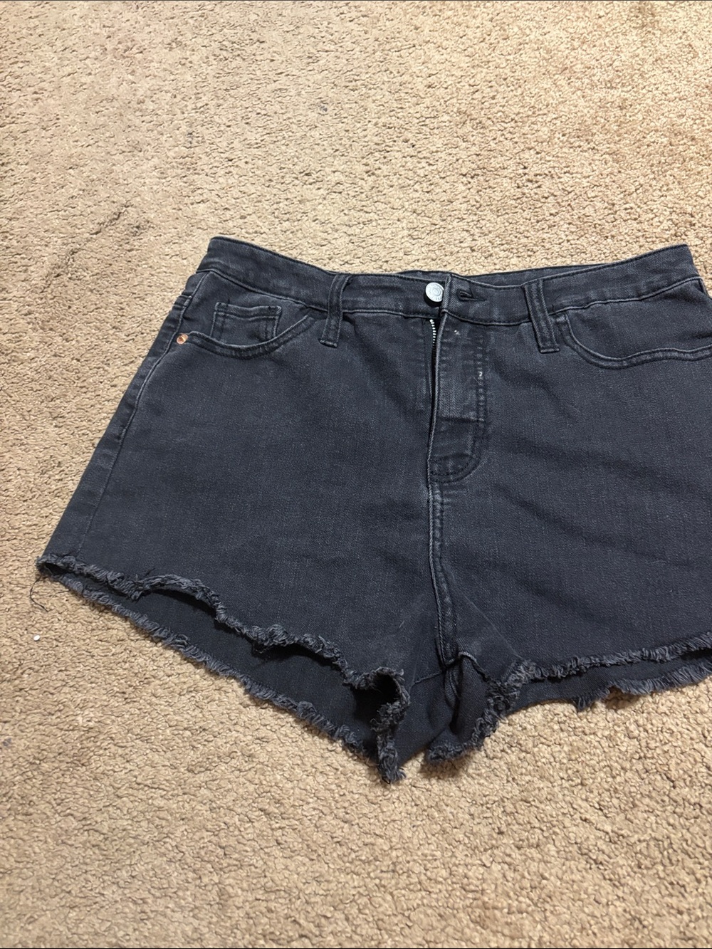 High-Rise Black Frayed Hem Denim Shorts